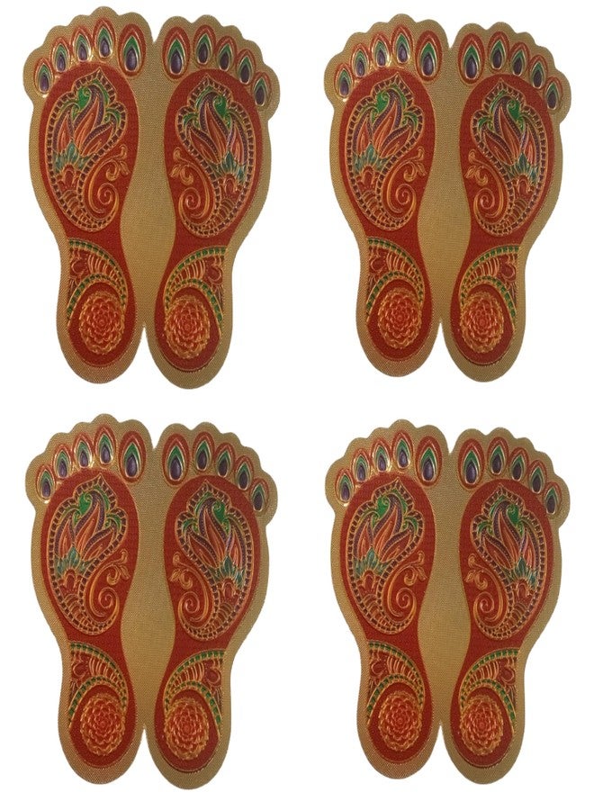 ZOKCY (Pack of 4 Pairs) Metallic Laxmi charan/Art & Crafts laxmi charan paduka Sticker/Laxmi Charan for puja aarti/Diwali Decoration/Home Entrance Decoration/Hindu Pooja Decoration/mandir Temple - Image 1