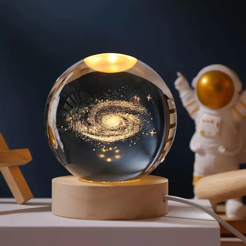 KHANAK Universe Crystal Ball Night Light,3D Glass Ball Night LED Lamp with Woodern Base,Colorful LED Wooden Crystal Ball for Home Decoration Birthday Gift for Teens Boys and Girls (Gelexy) - Image 1