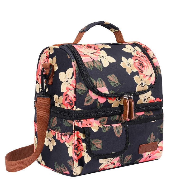 LOKASS Lunch Bag Women Double Deck Insulated Lunch Box Large Cooler Tote Bag with Removable Shoulder Strap Wide Open Thermal Meal Prep Lunch Organizer Box for Adults WorkOutdoor Black Peony