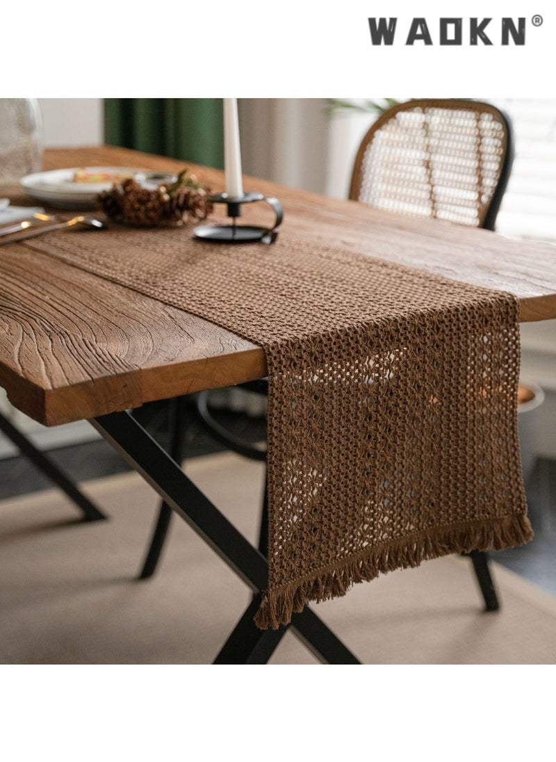 WAOKN Gorgeous and Elegant Khaki Jute Table Runner, Adding Unique Charm for Rustic Home Decor, Premium Solid Color Tablecloth with Tassels, Perfect for Dining Room Tables and Special Occasions  - Image 1