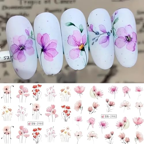 SINSEN 12 Designs Ink Flower Nail Art Stickers Leaves Daisy Lavender Floral Pattern Water Transfer Nail Decals Spring Summer Nail Designs Blossom Flowers Nail Art Decorations for Women Girls - Image 2