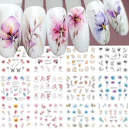 SINSEN 12 Designs Ink Flower Nail Art Stickers Leaves Daisy Lavender Floral Pattern Water Transfer Nail Decals Spring Summer Nail Designs Blossom Flowers Nail Art Decorations for Women Girls - Image 1