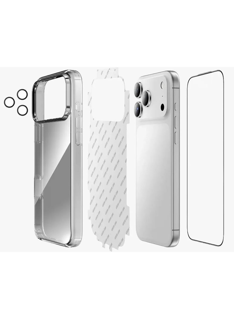 جرين ليون مجموعة حماية 4 في 1 لهاتف iPhone 17 Pro / جراب مضاد للصدمات / عدسة كاميرا مضادة لبصمات الأصابع / زجاج مضاد للكسر / جراب حماية شامل 360 درجة / جراب مضاد للاصفرار / عدسة كاميرا مضادة للخدش / زجاج عالي الوضوح / حماية كاملة / جودة عالية - فضي