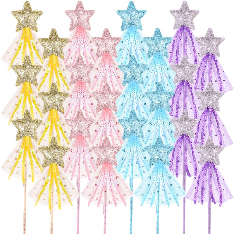 Honoson 24 Pcs Glitter Star Magic Wand Princess Wand Fairy Angel Star Stick with Ribbon for Girl Kid Birthday Wedding Princess Dress up Role Play Party Supply Favor, Pink Purple Gold Blue - Image 1