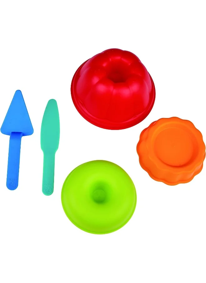 هيب Hape Baker's Trio Sand and Beach Toy Set for Toddlers, 5 Piece set Beach and Sand Toys for Kids, Sand and Beach Baking Molds Toys for Kids, Multicolor, Ages 18 months and Up