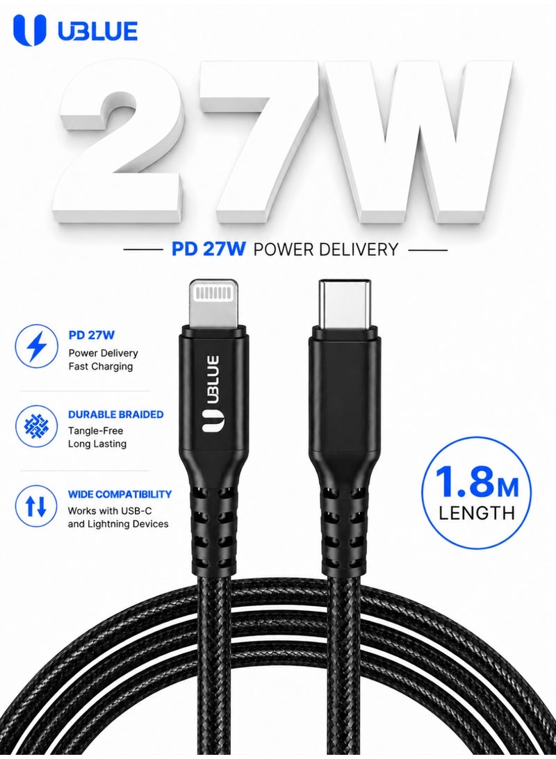 يوبلو كابل UBLUE USB-C إلى Lightning، مضفر من النايلون، بطول 1.8 متر، من النوع C لأجهزة iPhone، للشحن ومزامنة البيانات، متوافق مع iPhone 12/13/14 Pro/Plus/Pro Max، وجميع سلاسل iPhone من 8 إلى 13، وiPad - Image 1