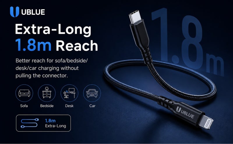 يوبلو كابل UBLUE USB-C إلى Lightning، مضفر من النايلون، بطول 1.8 متر، من النوع C لأجهزة iPhone، للشحن ومزامنة البيانات، متوافق مع iPhone 12/13/14 Pro/Plus/Pro Max، وجميع سلاسل iPhone من 8 إلى 13، وiPad - Image 2