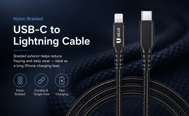 يوبلو كابل UBLUE USB-C إلى Lightning، مضفر من النايلون، بطول 1.8 متر، من النوع C لأجهزة iPhone، للشحن ومزامنة البيانات، متوافق مع iPhone 12/13/14 Pro/Plus/Pro Max، وجميع سلاسل iPhone من 8 إلى 13، وiPad - Image 4