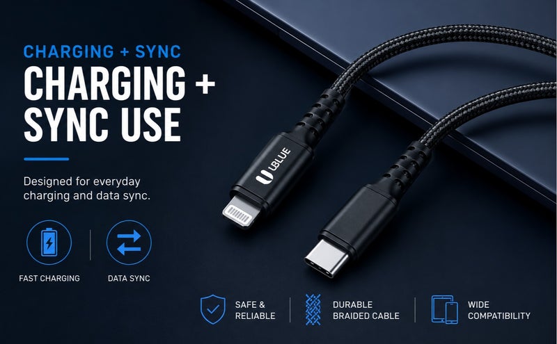 يوبلو كابل UBLUE USB-C إلى Lightning، مضفر من النايلون، بطول 1.8 متر، من النوع C لأجهزة iPhone، للشحن ومزامنة البيانات، متوافق مع iPhone 12/13/14 Pro/Plus/Pro Max، وجميع سلاسل iPhone من 8 إلى 13، وiPad - Image 5
