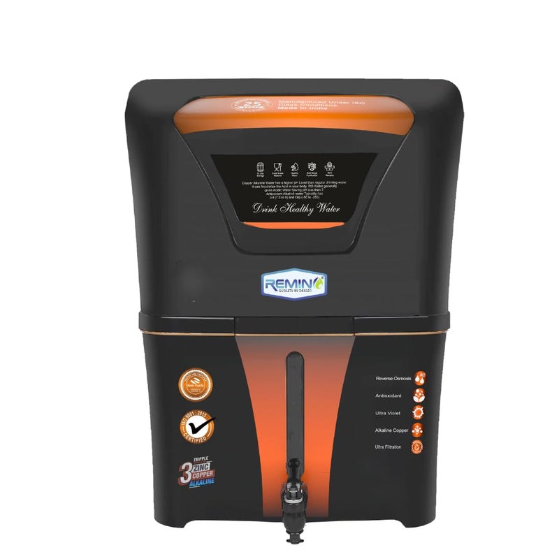 REMINO منقي مياه ريمينو زنك نحاس مع منقي RO UV UF وضبط TDS سعة 12 لتر 10 مراحل تنقية مناسب لجميع أنواع إمدادات المياه باللون الأسود - Image 1