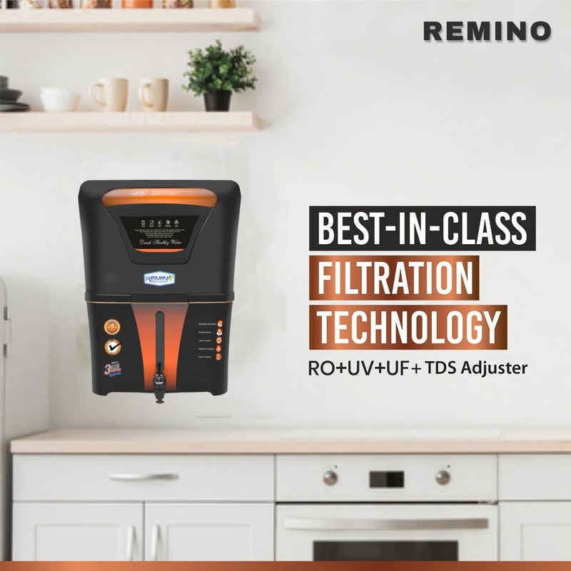 REMINO منقي مياه ريمينو زنك نحاس مع منقي RO UV UF وضبط TDS سعة 12 لتر 10 مراحل تنقية مناسب لجميع أنواع إمدادات المياه باللون الأسود - Image 3