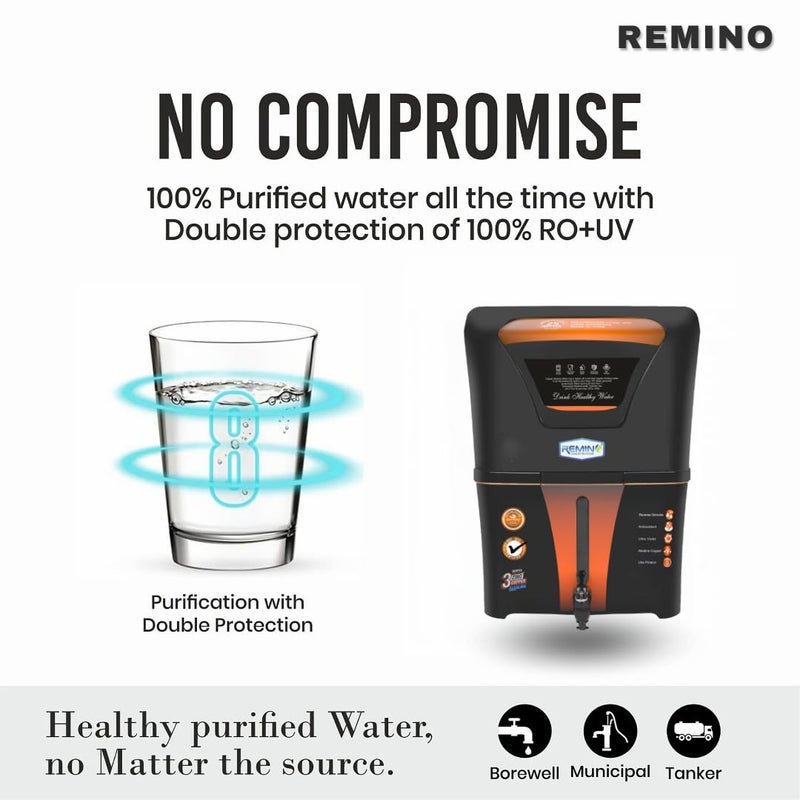 REMINO منقي مياه ريمينو زنك نحاس مع منقي RO UV UF وضبط TDS سعة 12 لتر 10 مراحل تنقية مناسب لجميع أنواع إمدادات المياه باللون الأسود - Image 4