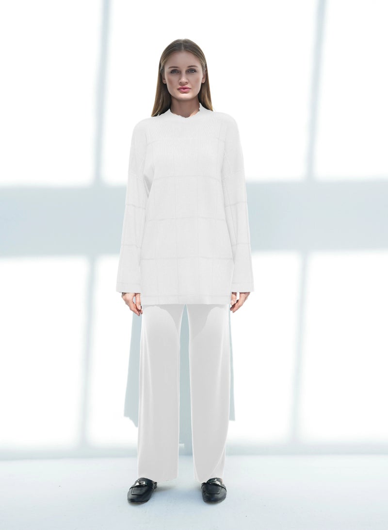 Andy 2316 | Women's Premium Knitwear Two-Piece Set – Long-Sleeve High-Neck Tunic Top with Relaxed Wide-Leg Trousers | Elegant & Versatile Outfit for Everyday Comfort and Style | White