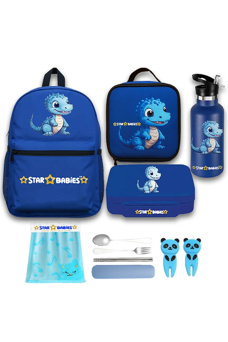 STAR BABiES Star Babies Set of 4 – Blue Dino Theme 16" School Bag, 4-Compartment Lunch Box, Insulated Lunch Bag, 500ml Water Bottle
