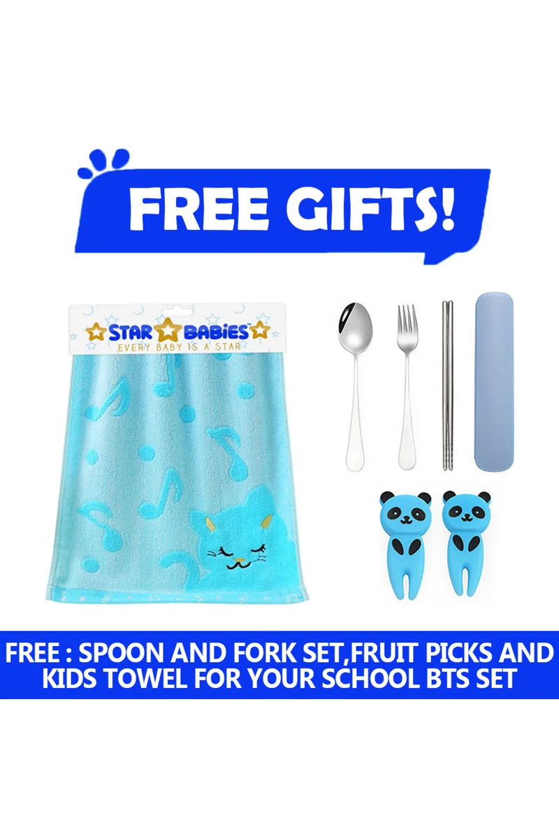 STAR BABiES Star Babies Set of 4 – Blue Dino Theme 16" School Bag, 4-Compartment Lunch Box, Insulated Lunch Bag, 500ml Water Bottle