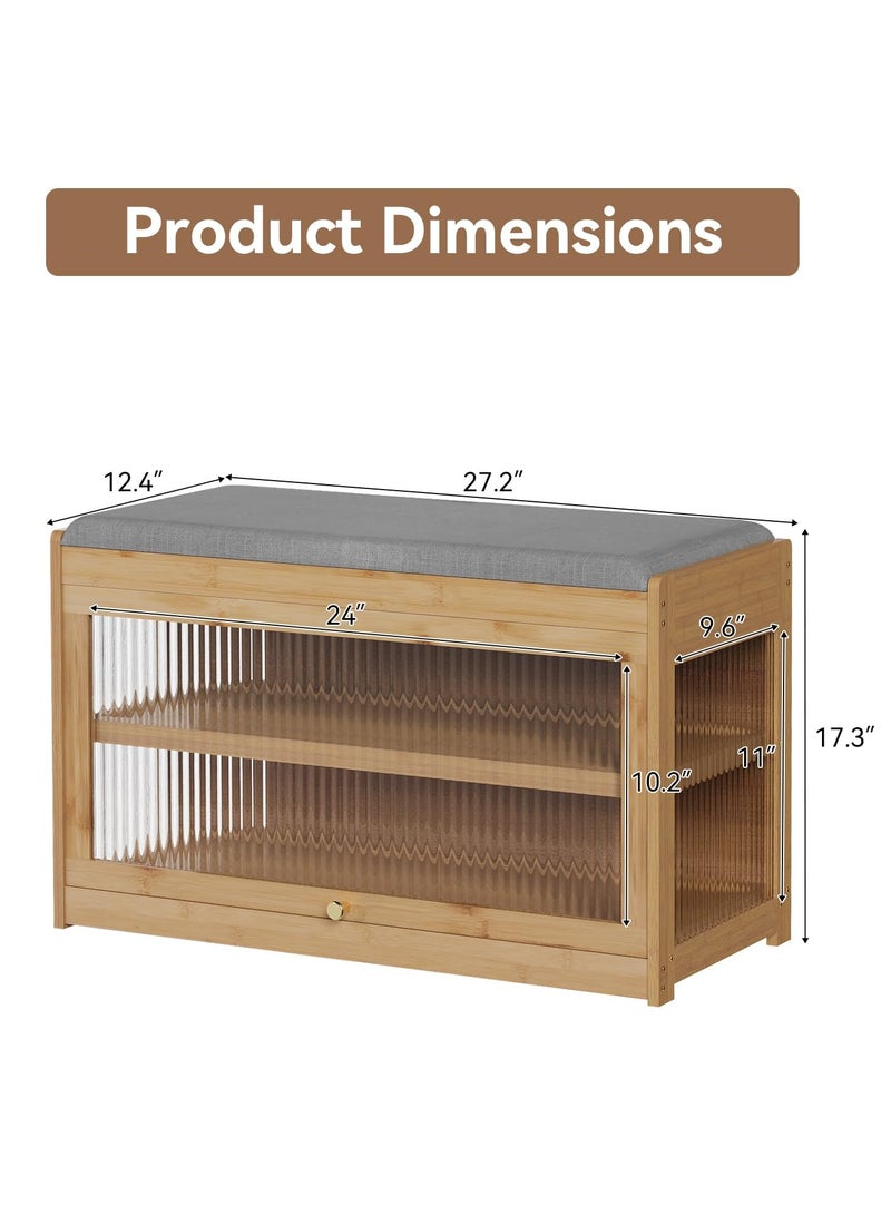 XiuWoo Bamboo Shoe Bench Rack with Removable Cushion, Hidden Storage Compartment, Entryway Shoe Storage Organizer Shoe Cabinet for Hallway Entryway - Image 2