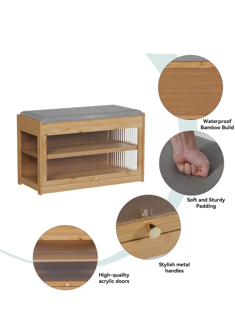 XiuWoo Bamboo Shoe Bench Rack with Removable Cushion, Hidden Storage Compartment, Entryway Shoe Storage Organizer Shoe Cabinet for Hallway Entryway - Image 3