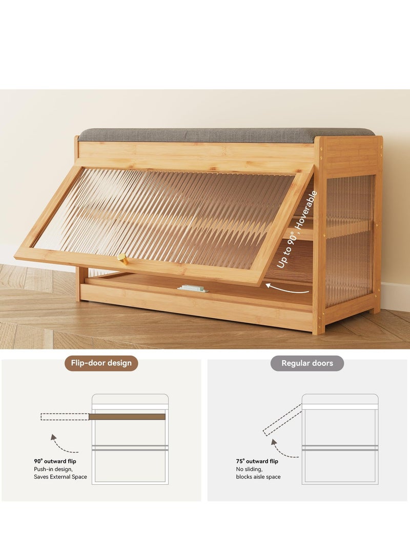 XiuWoo Bamboo Shoe Bench Rack with Removable Cushion, Hidden Storage Compartment, Entryway Shoe Storage Organizer Shoe Cabinet for Hallway Entryway - Image 4