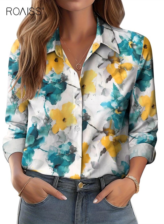 roaiss Button down Shirts for Women Dressy Floral Printed Long Sleeve Blouse Business Casual Work Tops Daily Collared Shirt for Women Loose - Image 4