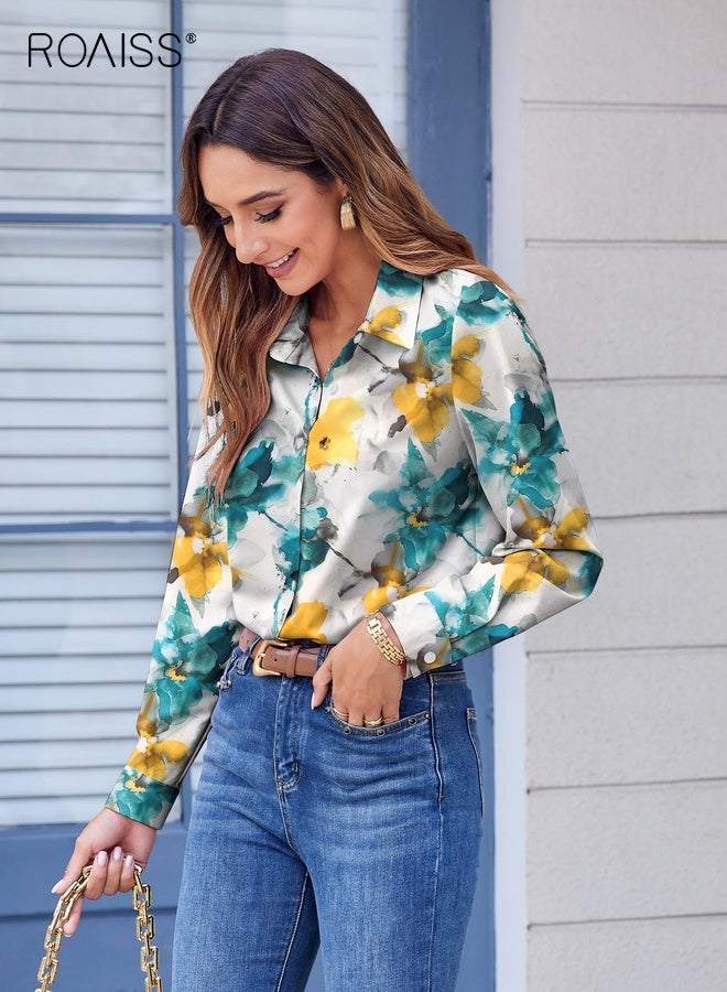 roaiss Button down Shirts for Women Dressy Floral Printed Long Sleeve Blouse Business Casual Work Tops Daily Collared Shirt for Women Loose - Image 5