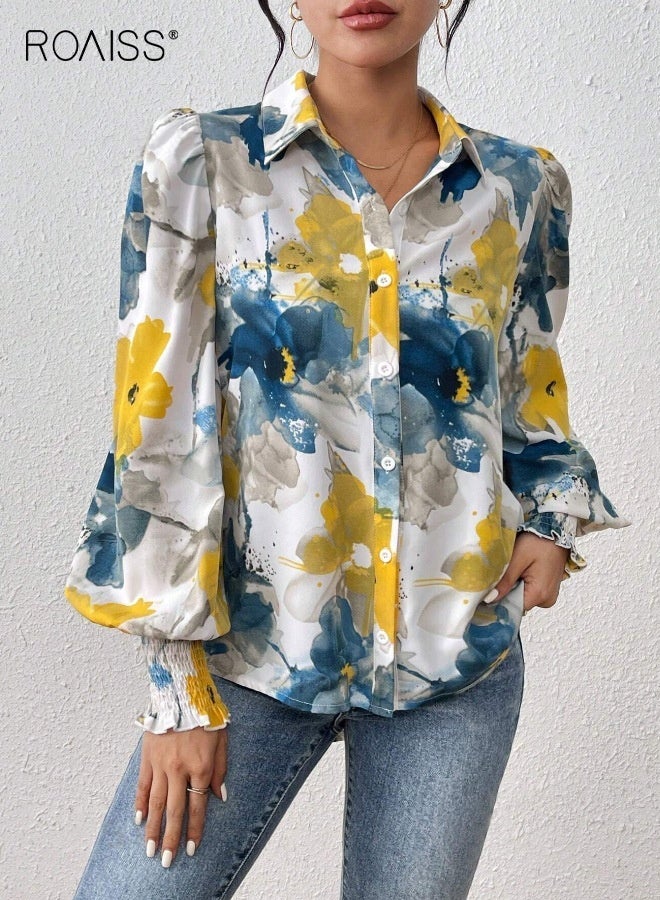 roaiss Button down Shirts for Women Dressy Floral Printed Long Sleeve Blouse Business Casual Work Tops Daily Collared Shirt for Women Loose - Image 1
