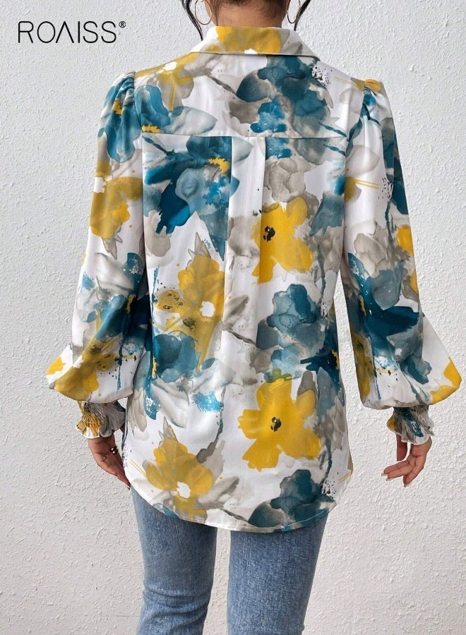 roaiss Button down Shirts for Women Dressy Floral Printed Long Sleeve Blouse Business Casual Work Tops Daily Collared Shirt for Women Loose - Image 2