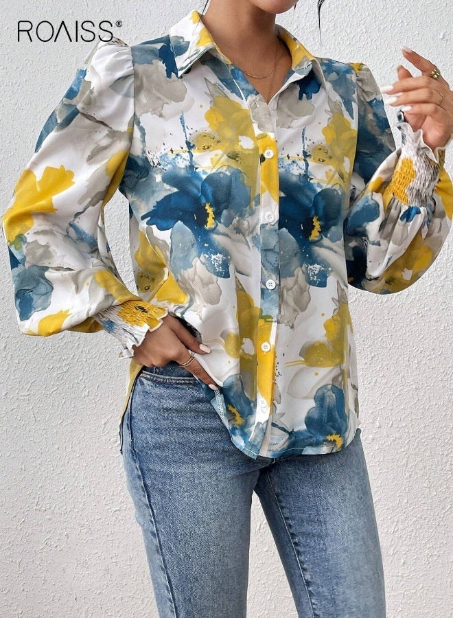 roaiss Button down Shirts for Women Dressy Floral Printed Long Sleeve Blouse Business Casual Work Tops Daily Collared Shirt for Women Loose - Image 3
