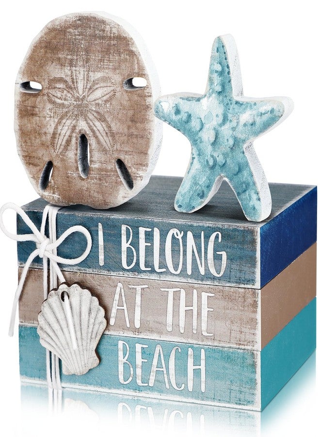 Anglechic 5 Pcs Summer Beach Table Decoration Starfish Tiered Tray Decorations Wooden Summer Blue Signs Centerpiece Decorative Book Block Decor for Farmhouse Table Home Tabletop Bookshelf Decorations - Image 1