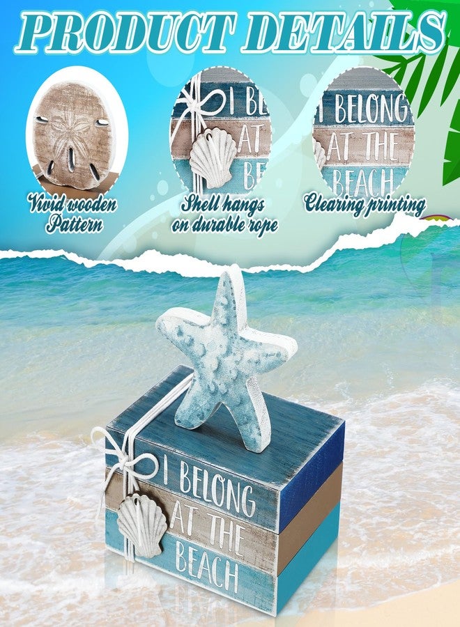 Anglechic 5 Pcs Summer Beach Table Decoration Starfish Tiered Tray Decorations Wooden Summer Blue Signs Centerpiece Decorative Book Block Decor for Farmhouse Table Home Tabletop Bookshelf Decorations - Image 4