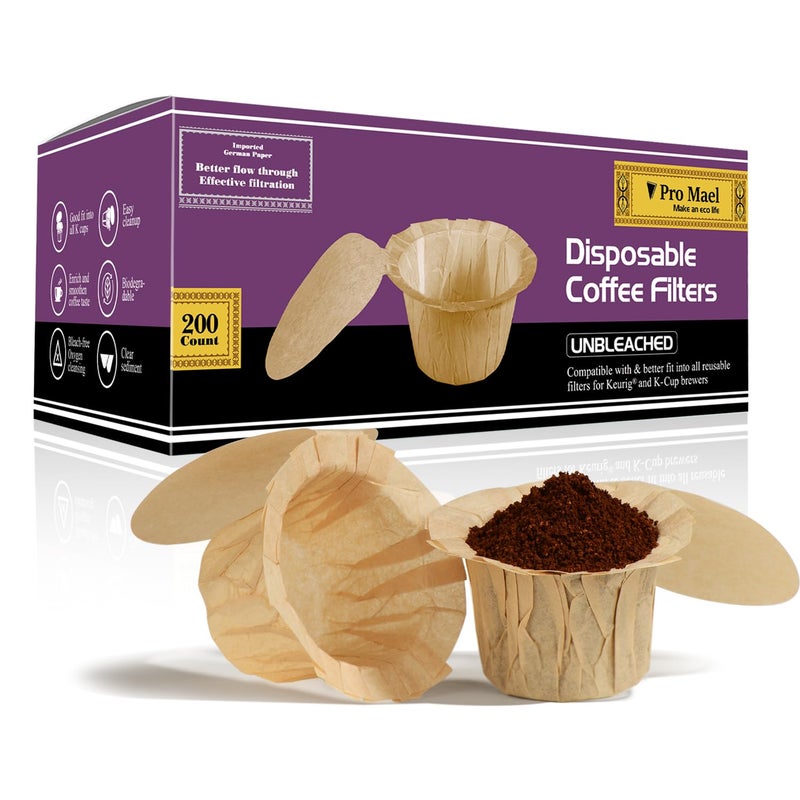 Pro Mael Disposable Coffee Filters Paper with Lid for Keurig Brewers Single Serve 10 and 20 Reusable K Cup Pods Natural 200 Count