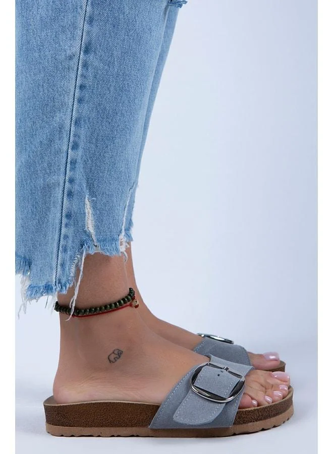Manijero  Jade Women's Genuine Leather Single Buckle Grey Suede - Silver Slippers - Gray for Women | Best Price UAE