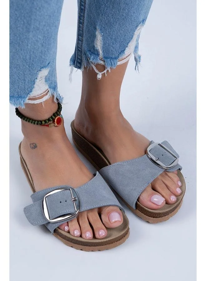 Jade Women's Genuine Leather Single Buckle Grey Suede - Silver Slippers - Gray
