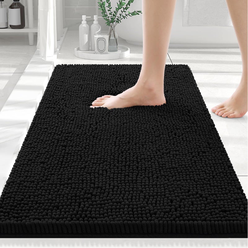 Smiry Luxury Chenille Bathroom Rugs 30x20 Extra Soft and Absorbent Shaggy Bath Mat Machine Washable NonSlip Plush Carpet Runner for Tub Shower and Floor Home Decor Accessories Black