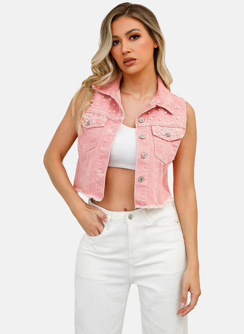 يونيكي Pink Spread Collar Sleeveless Denim Jackets