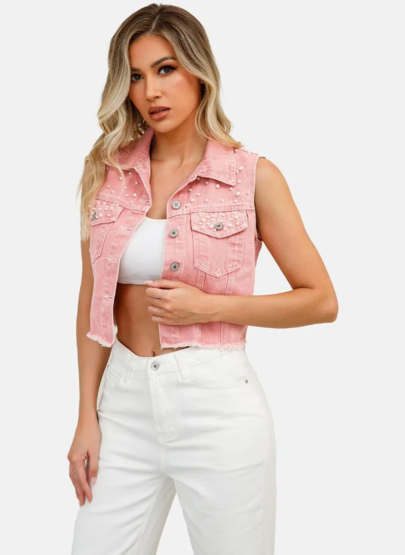 YUNIQEE Pink Spread Collar Sleeveless Denim Jackets