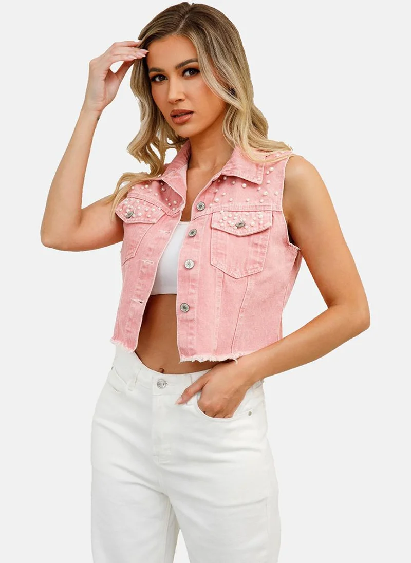 YUNIQEE Pink Spread Collar Sleeveless Denim Jackets