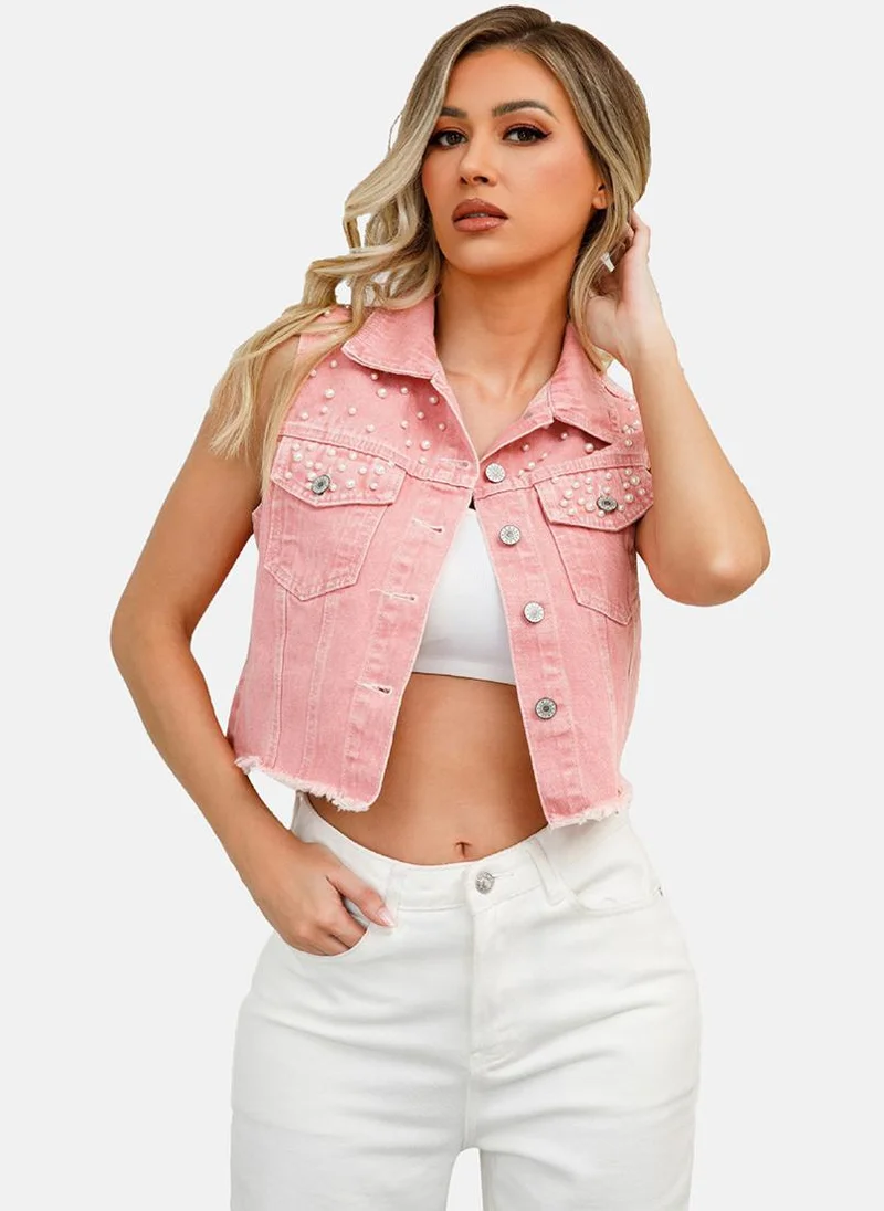 YUNIQEE Pink Spread Collar Sleeveless Denim Jackets