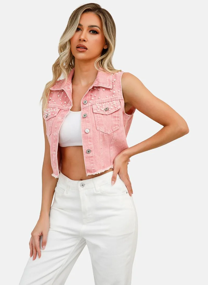 يونيكي Pink Spread Collar Sleeveless Denim Jackets