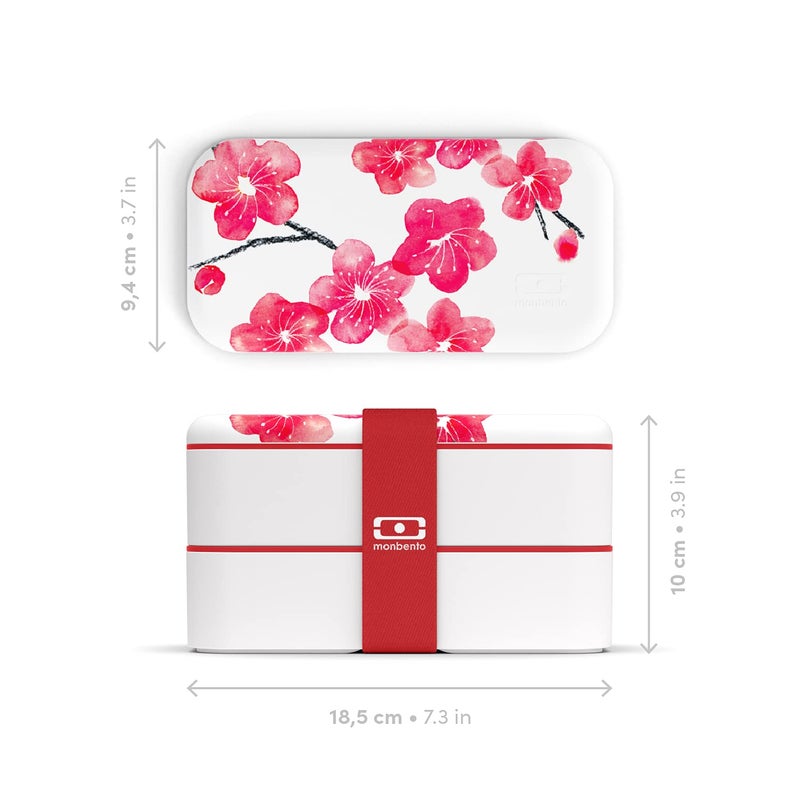 monbento مونبينتو - صندوق بنتو MB الأصلي بلوسوم مع أقسام - صندوق غداء من طبقتين مقاوم للتسرب للعمل وتحضير الوجبات - خالي من BPA - آمن لدرجة الطعام - زهور يابانية - أحمر وأبيض - Image 3