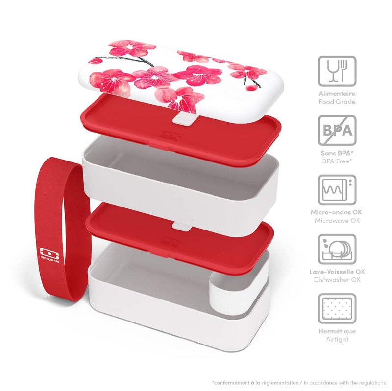 monbento مونبينتو - صندوق بنتو MB الأصلي بلوسوم مع أقسام - صندوق غداء من طبقتين مقاوم للتسرب للعمل وتحضير الوجبات - خالي من BPA - آمن لدرجة الطعام - زهور يابانية - أحمر وأبيض - Image 4