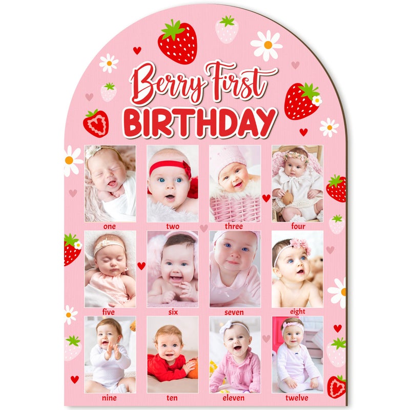 أر هورس R HORSE 3D Berry أول عيد ميلاد خشبي لوحة عرض الصور الوردي الفراولة الطفل السنة الأولى إطار الصورة 1-12 شهرًا لوحة معلم عيد ميلاد زينة هدية تذكار لديكور حضانة الفتيات الصغيرات - Image 1