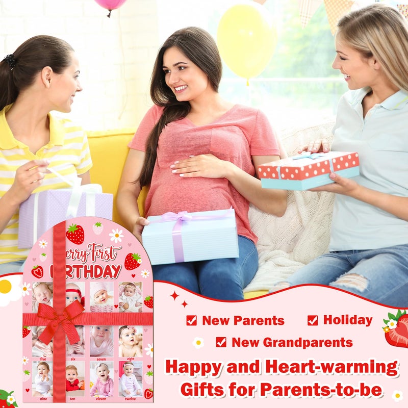 أر هورس R HORSE 3D Berry أول عيد ميلاد خشبي لوحة عرض الصور الوردي الفراولة الطفل السنة الأولى إطار الصورة 1-12 شهرًا لوحة معلم عيد ميلاد زينة هدية تذكار لديكور حضانة الفتيات الصغيرات - Image 5