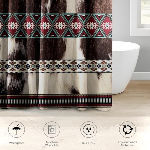 Bribay 4 Piece Shower Curtain Set, Aztec Vintage Animal Waterproof Bathroom Set Accessories with Non-Slip Rugs, Toilet Lid Cover Bath Mat and 12 Hooks, Cowhide Cow Print Fur Home Decor 72" x 72" - Image 3