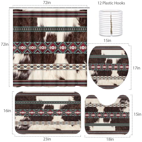 Bribay 4 Piece Shower Curtain Set, Aztec Vintage Animal Waterproof Bathroom Set Accessories with Non-Slip Rugs, Toilet Lid Cover Bath Mat and 12 Hooks, Cowhide Cow Print Fur Home Decor 72" x 72" - Image 2