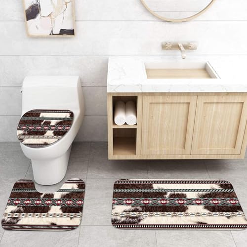 Bribay 4 Piece Shower Curtain Set, Aztec Vintage Animal Waterproof Bathroom Set Accessories with Non-Slip Rugs, Toilet Lid Cover Bath Mat and 12 Hooks, Cowhide Cow Print Fur Home Decor 72" x 72" - Image 4
