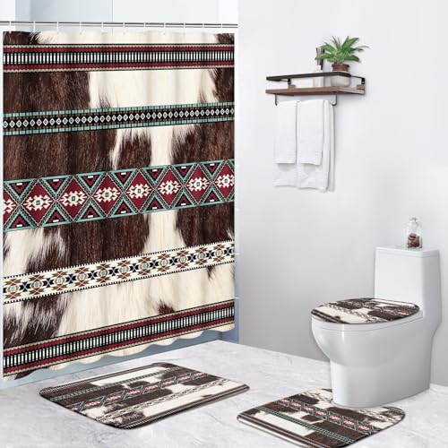 Bribay 4 Piece Shower Curtain Set, Aztec Vintage Animal Waterproof Bathroom Set Accessories with Non-Slip Rugs, Toilet Lid Cover Bath Mat and 12 Hooks, Cowhide Cow Print Fur Home Decor 72" x 72" - Image 1