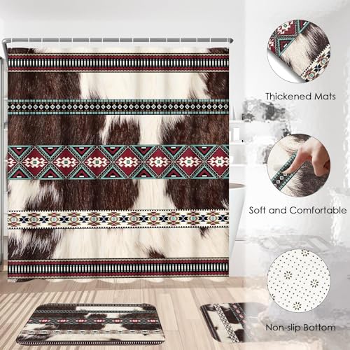 Bribay 4 Piece Shower Curtain Set, Aztec Vintage Animal Waterproof Bathroom Set Accessories with Non-Slip Rugs, Toilet Lid Cover Bath Mat and 12 Hooks, Cowhide Cow Print Fur Home Decor 72" x 72" - Image 5