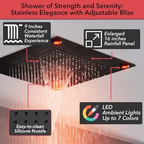 VANFOXLE Shower Faucet Set Matte Black Four Modes Shower System,Shower Faucet with 2 in 1 Handheld,Ceiling Mount 16 Inch LED Shower Head(Rain and Waterfall)+6 Inch Shower Head - Image 2