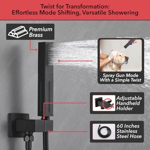 VANFOXLE Shower Faucet Set Matte Black Four Modes Shower System,Shower Faucet with 2 in 1 Handheld,Ceiling Mount 16 Inch LED Shower Head(Rain and Waterfall)+6 Inch Shower Head - Image 4