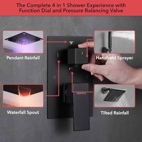 VANFOXLE Shower Faucet Set Matte Black Four Modes Shower System,Shower Faucet with 2 in 1 Handheld,Ceiling Mount 16 Inch LED Shower Head(Rain and Waterfall)+6 Inch Shower Head - Image 5